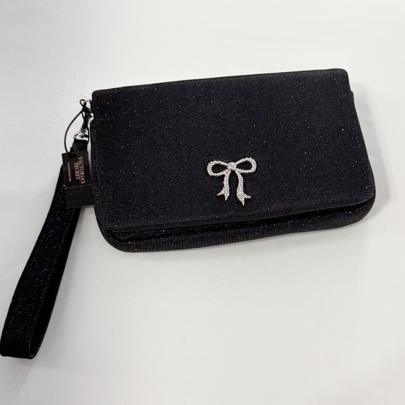Victoria’s Secret Black Sparkle bow rhinestone accent wristlet/ phone and wallet - Picture 5 of 12